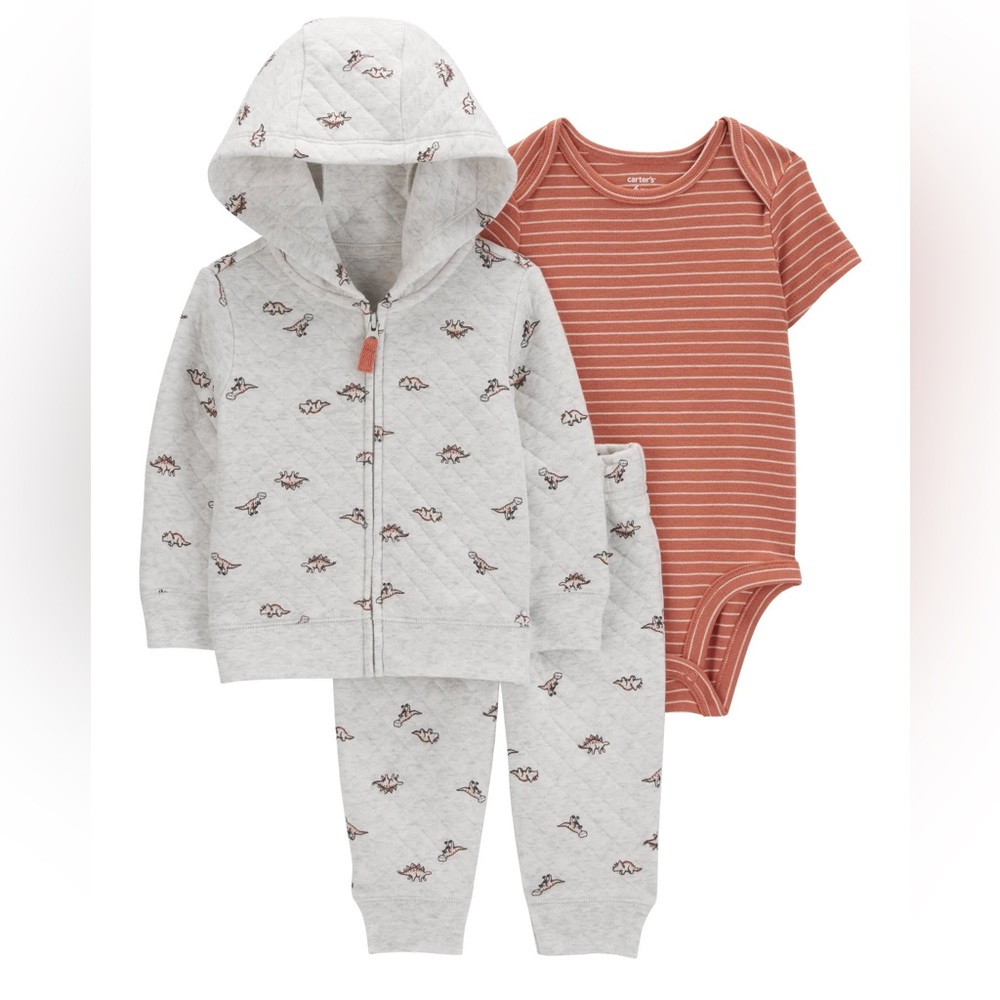 Grey Quilted Jacket and Orange Striped Onesie Set - 3mo